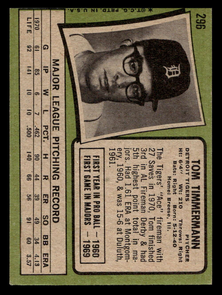 1971 Topps #296 Tom Timmermann Ex-Mint  ID: 418190