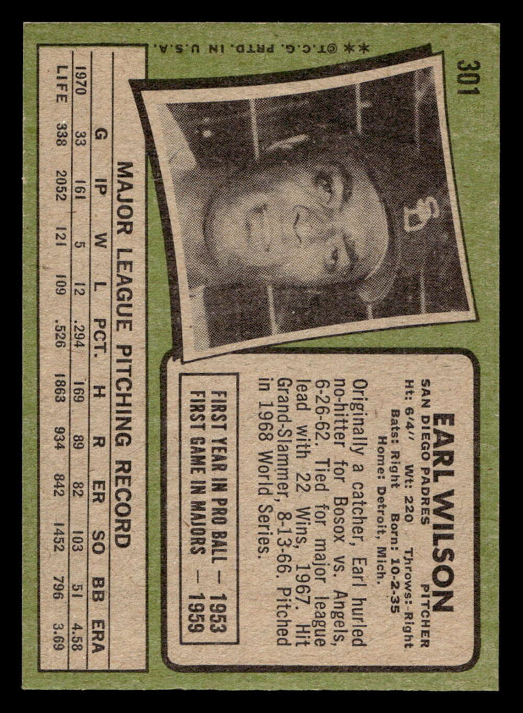 1971 Topps #301 Earl Wilson Ex-Mint  ID: 418195