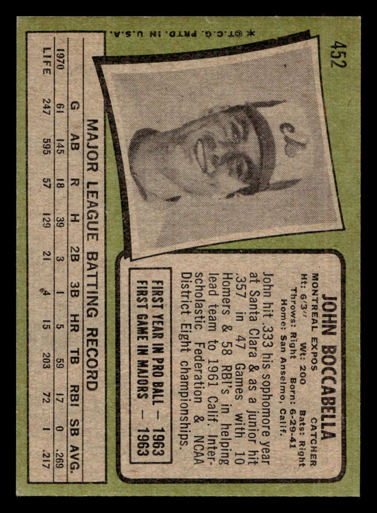 1971 Topps #452 John Boccabella Excellent+  ID: 418346