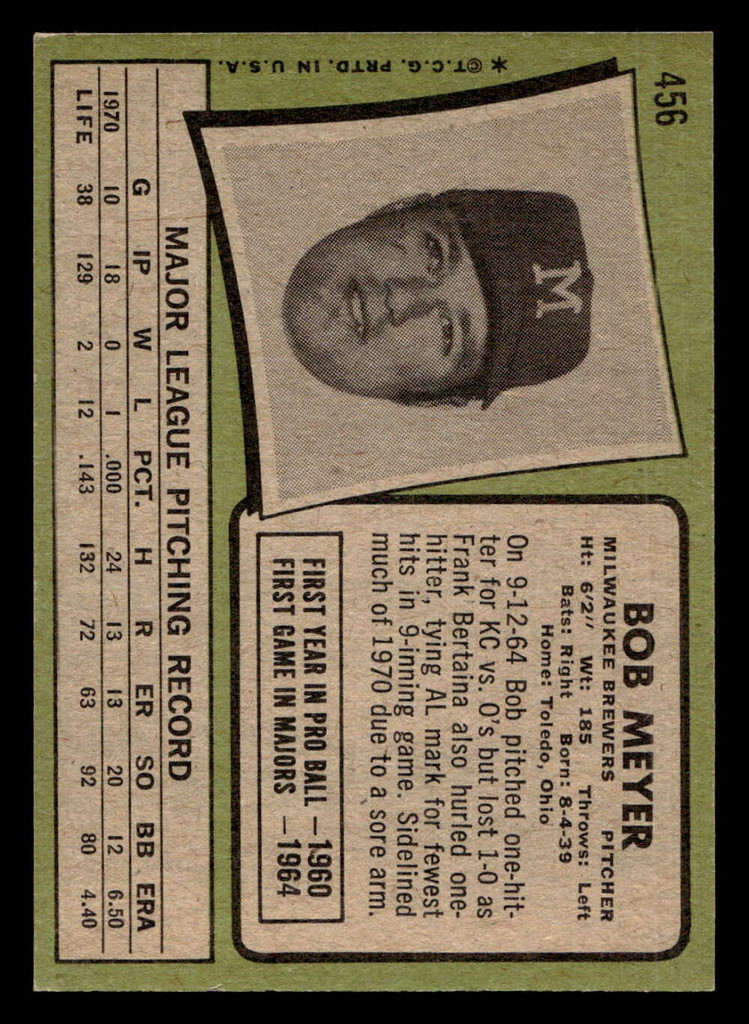 1971 Topps #456 Bob Meyer Ex-Mint  ID: 418350