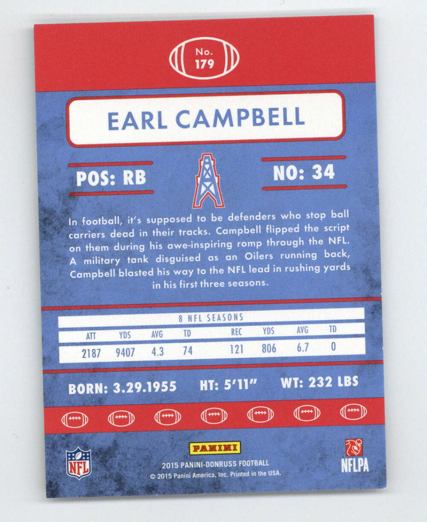 2015 Panini Donruss PRESS PROOF #179 Earl Campbell Oilers 1 of 1 - 1/1