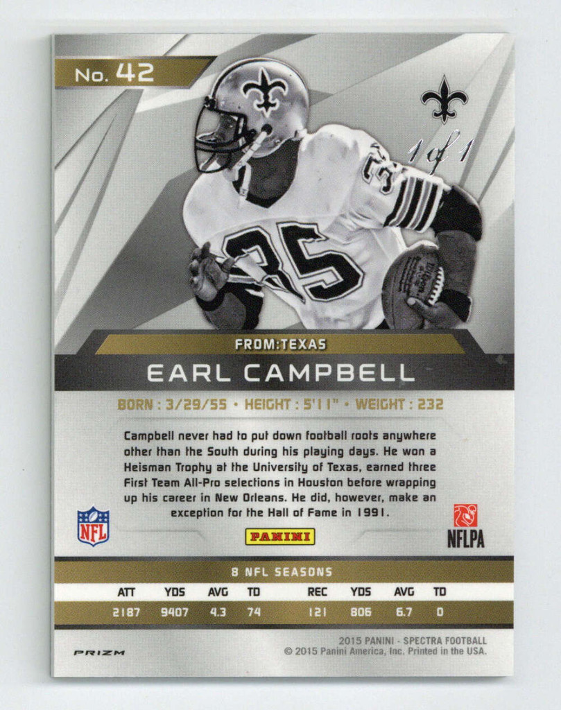 2015 Spectra #42 Gold PRIZM Earl Campbell Saints Real 1 of 1 1/1