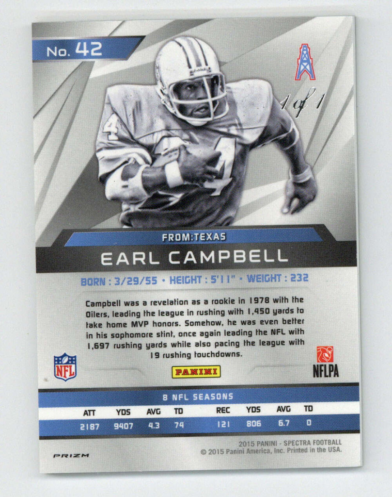 2015 Spectra #42 Gold PRIZM Earl Campbell Oilers Real 1 of 1 1/1