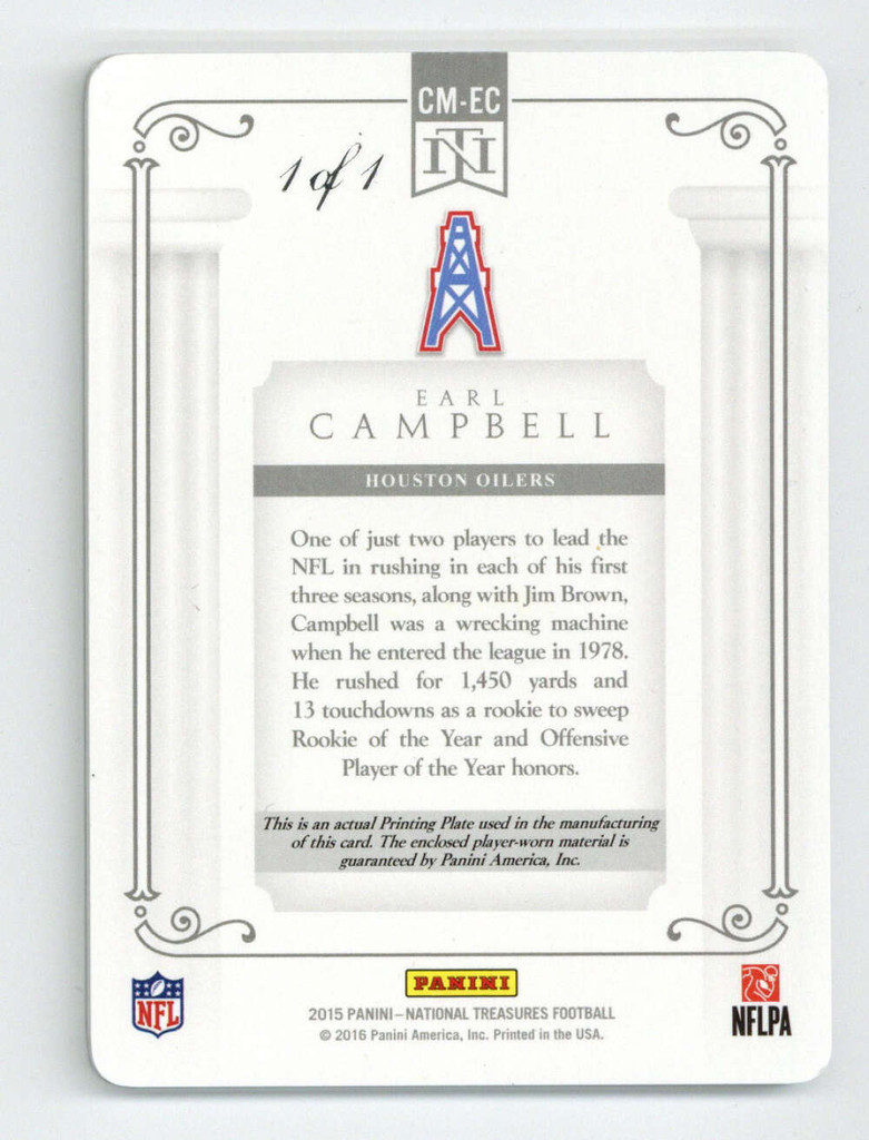 2015 National Treasures CM-EC Printing Plate Earl Campbell Oilers Jersey 1/1