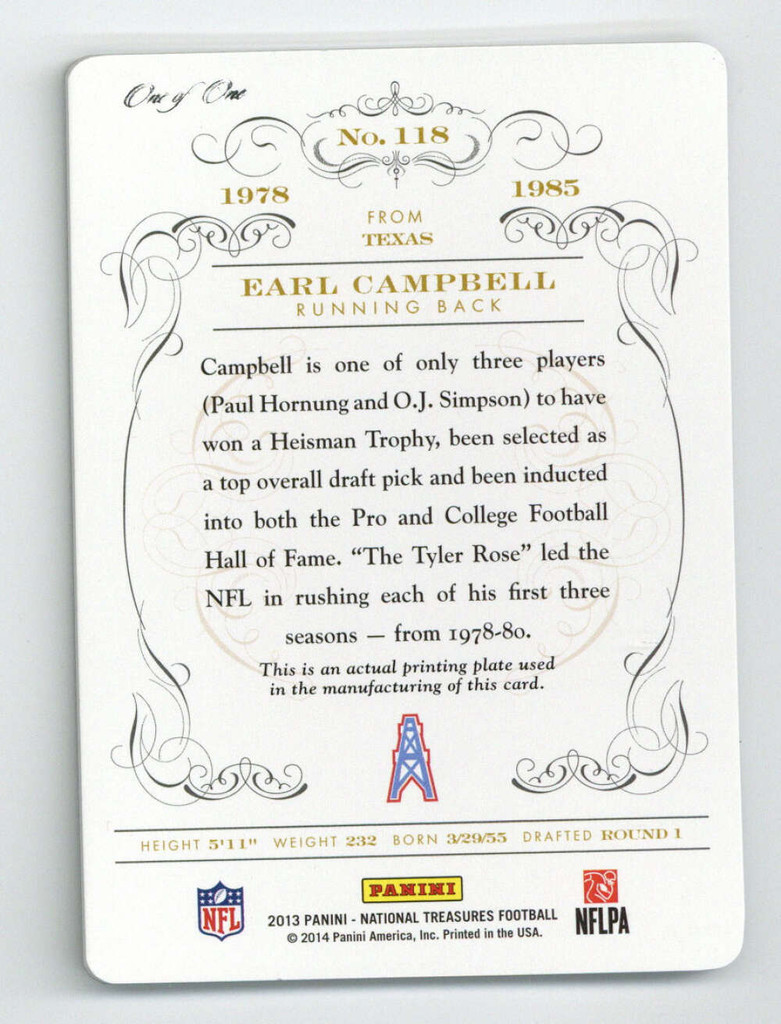 2013 National Treasures #118 Cyan Printing Plate Earl Campbell Oilers Real 1 of 1 1/1