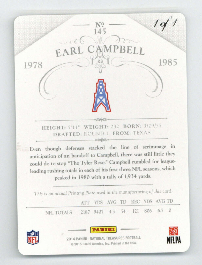 2014 National Treasures #145 Printing Plate Earl Campbell Oilers Real 1 of 1 1/1