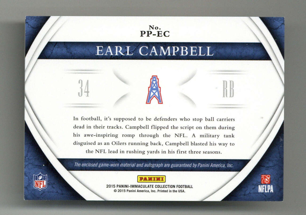 2015 Immaculate Collection Jersey Earl Campbell Oilers Auto ON CARD 3/10