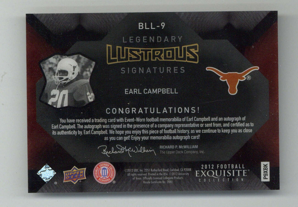 2012 UD Black Lustrous Jersey Earl Campbell Texas Auto ON CARD 3/3