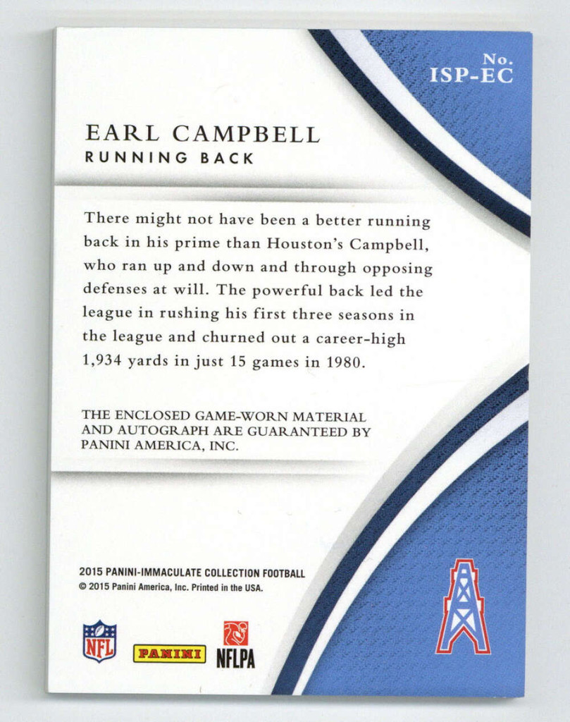 2015 Immaculate Collection Jersey Earl Campbell Oilers Auto ON CARD 39/49
