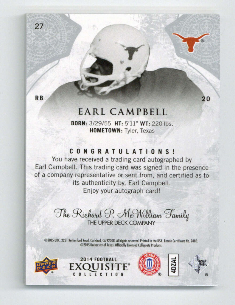 2014 UD Exquisite Collection #27 Earl Campbell Texas Auto ON CARD 3/4