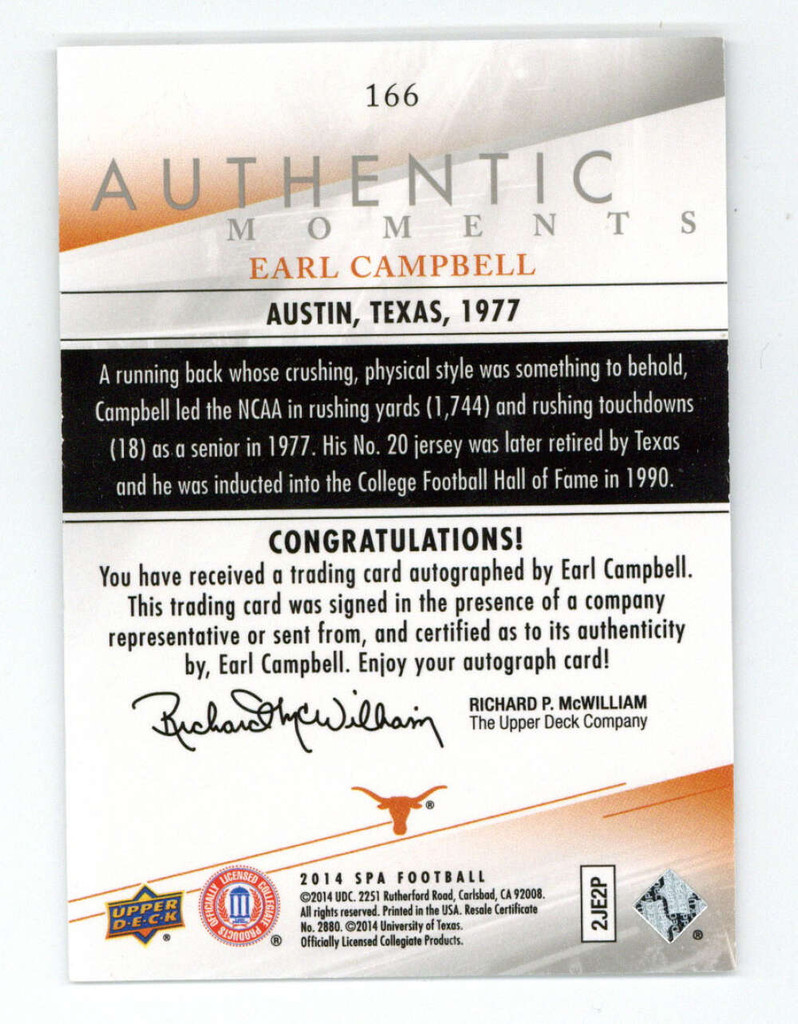 2014 SP Authentic #166 Earl Campbell Texas Auto ON CARD