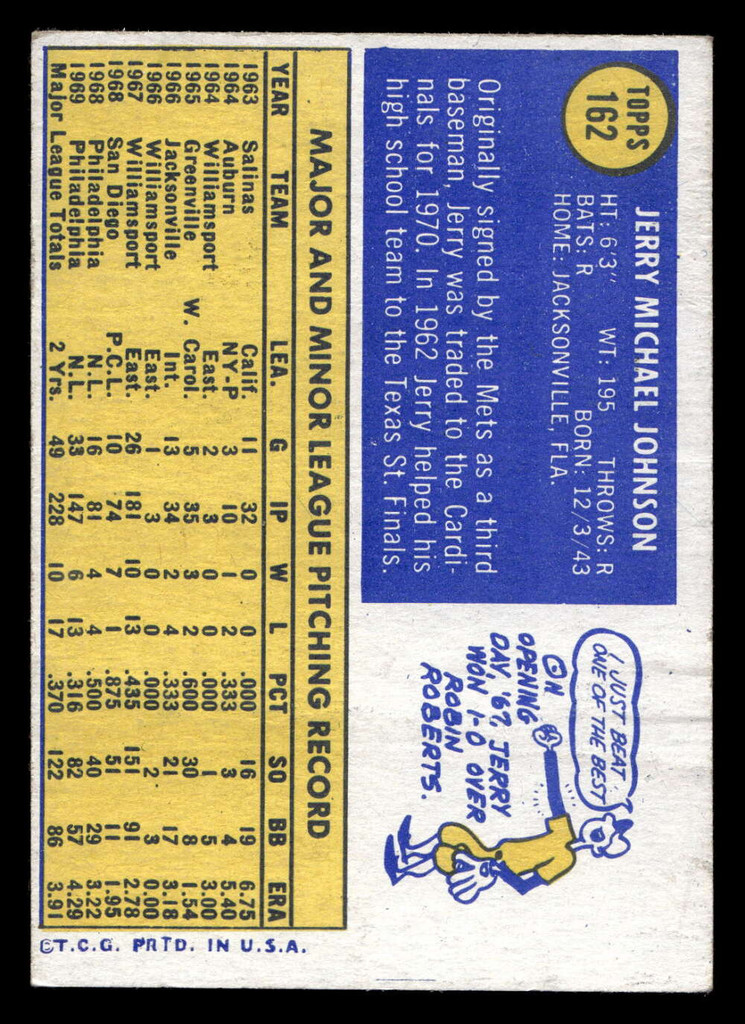 1970 Topps #162 Jerry Johnson Very Good  ID: 419171