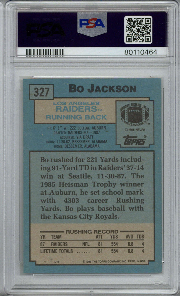 1988 Topps #327 Bo Jackson PSA 8 NM-Mint Raiders RC ID: 419525