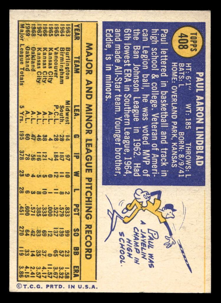 1970 Topps #408 Paul Lindblad Excellent+  ID: 419960