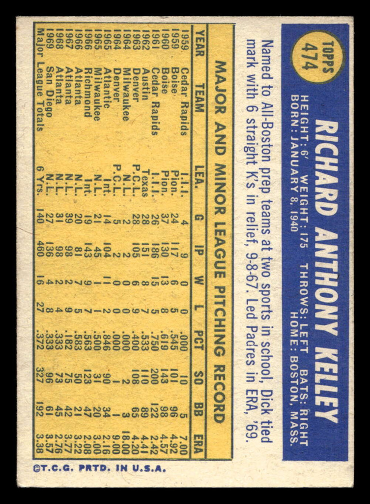 1970 Topps #474 Dick Kelley Ex-Mint  ID: 420189