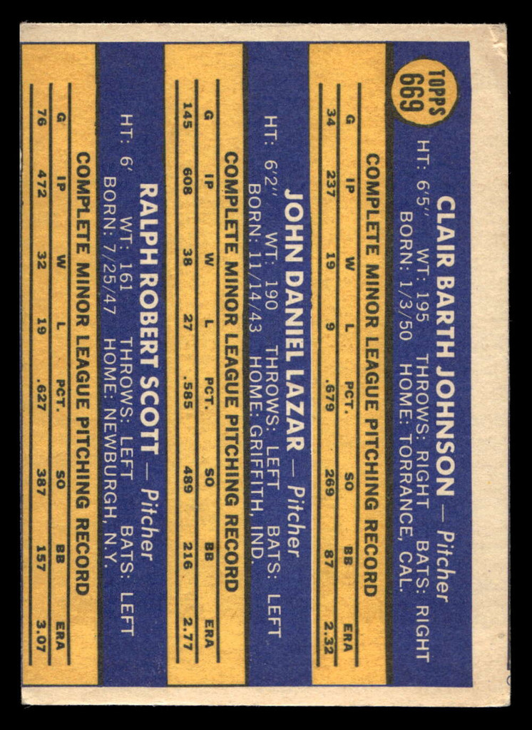 1970 Topps #669 Bart Johnson/Don Lazar/Mickey Scott VG-EX RC Rookie High # 