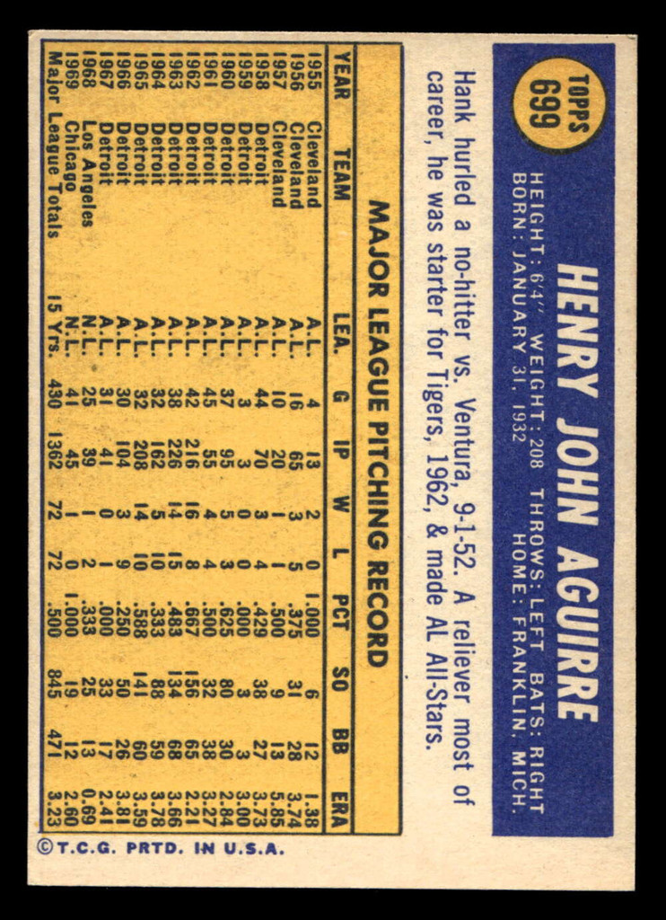 1970 Topps #699 Hank Aguirre Ex-Mint High #  ID: 420835