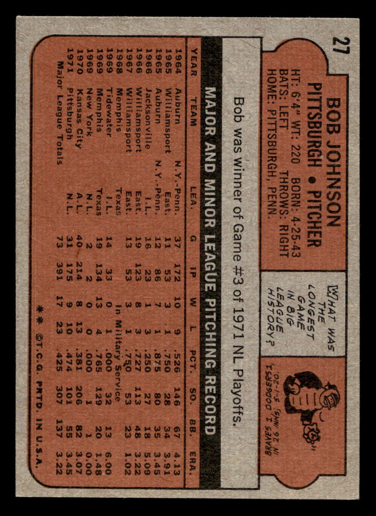 1972 Topps #27 Bob Johnson Ex-Mint  ID: 421038