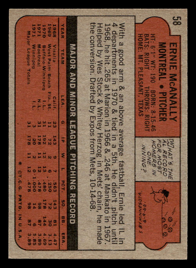 1972 Topps #58 Ernie McAnally Ex-Mint  ID: 421135