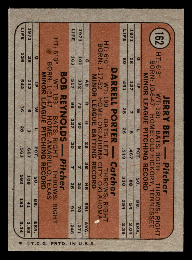 1972 Topps #162 Jerry Bell/Darrell Porter/Bob Reynolds Brewers Rookies Ex-Mint RC Rookie  ID: 421438