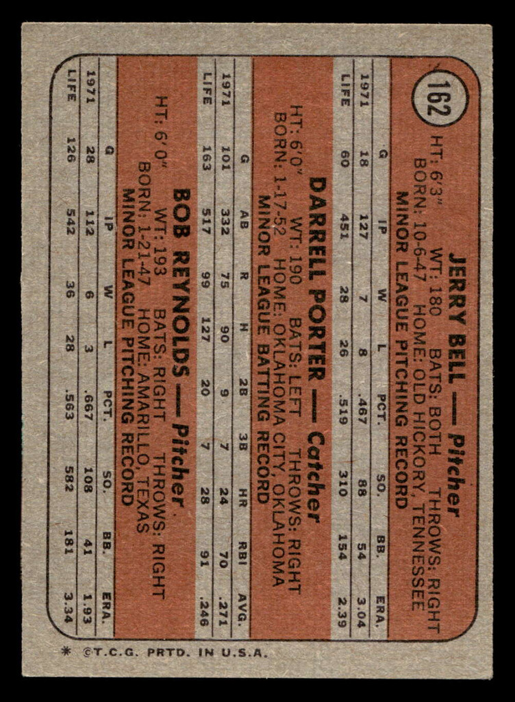 1972 Topps #162 Jerry Bell/Darrell Porter/Bob Reynolds Brewers Rookies Ex-Mint RC Rookie  ID: 421439