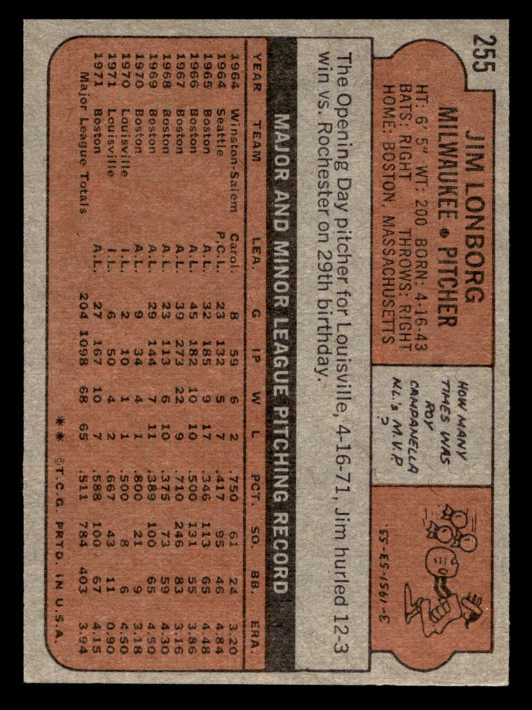 1972 Topps #255 Jim Lonborg Excellent+  ID: 421713