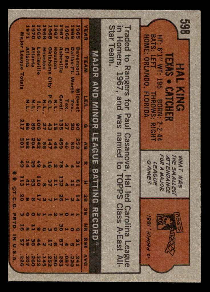 1972 Topps #598 Hal King Excellent+  ID: 422888
