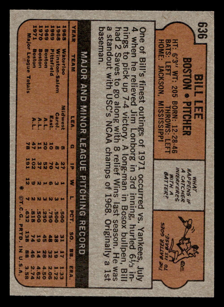 1972 Topps #636 Bill Lee Ex-Mint  ID: 422928