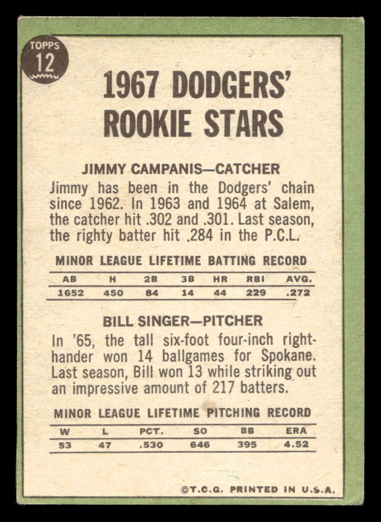 1967 Topps #12 Jim Campanis/Bill Singer Dodgers Rookies Excellent RC Rookie  ID: 423072