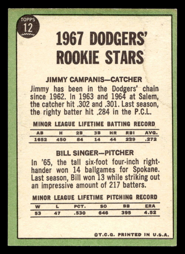 1967 Topps #12 Jim Campanis/Bill Singer Dodgers Rookies Ex-Mint RC Rookie  ID: 423073