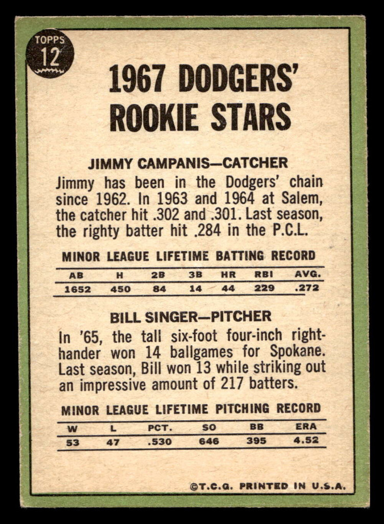 1967 Topps #12 Jim Campanis/Bill Singer Dodgers Rookies Excellent RC Rookie  ID: 423074