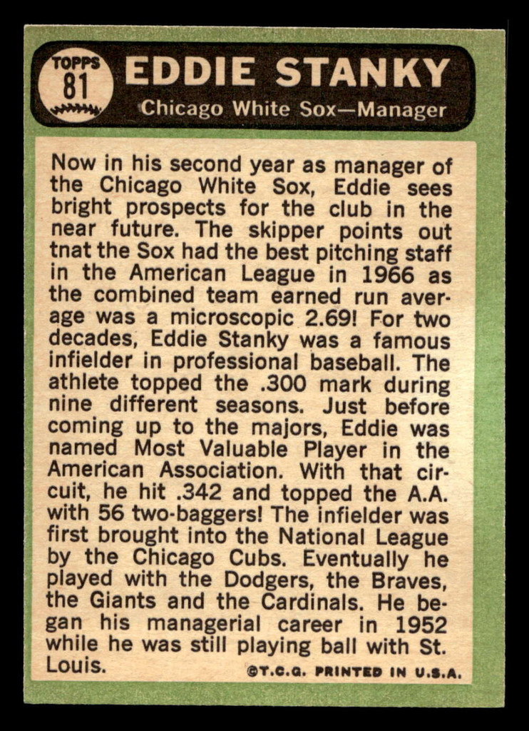1967 Topps #81 Eddie Stanky MG Ex-Mint  ID: 423279