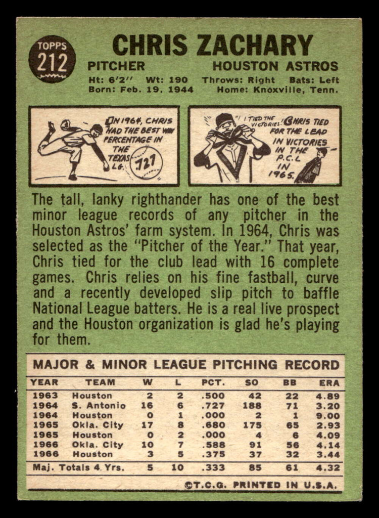 1967 Topps #212 Chris Zachary Excellent+  ID: 423682