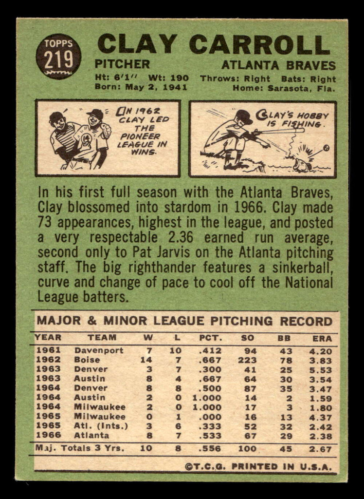 1967 Topps #219 Clay Carroll Ex-Mint  ID: 423700