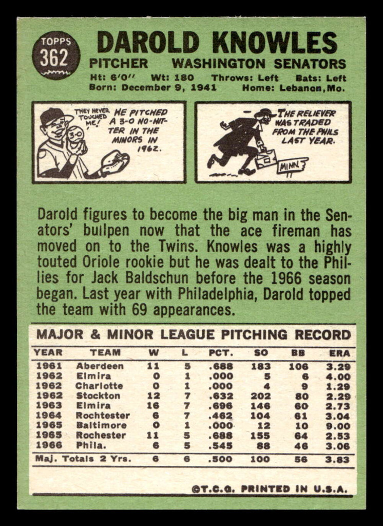 1967 Topps #362 Darold Knowles Near Mint 