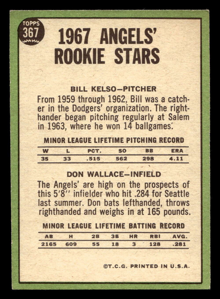1967 Topps #367 Bill Kelso/Don Wallace Angels Rookies Excellent+ RC Rookie  ID: 424170