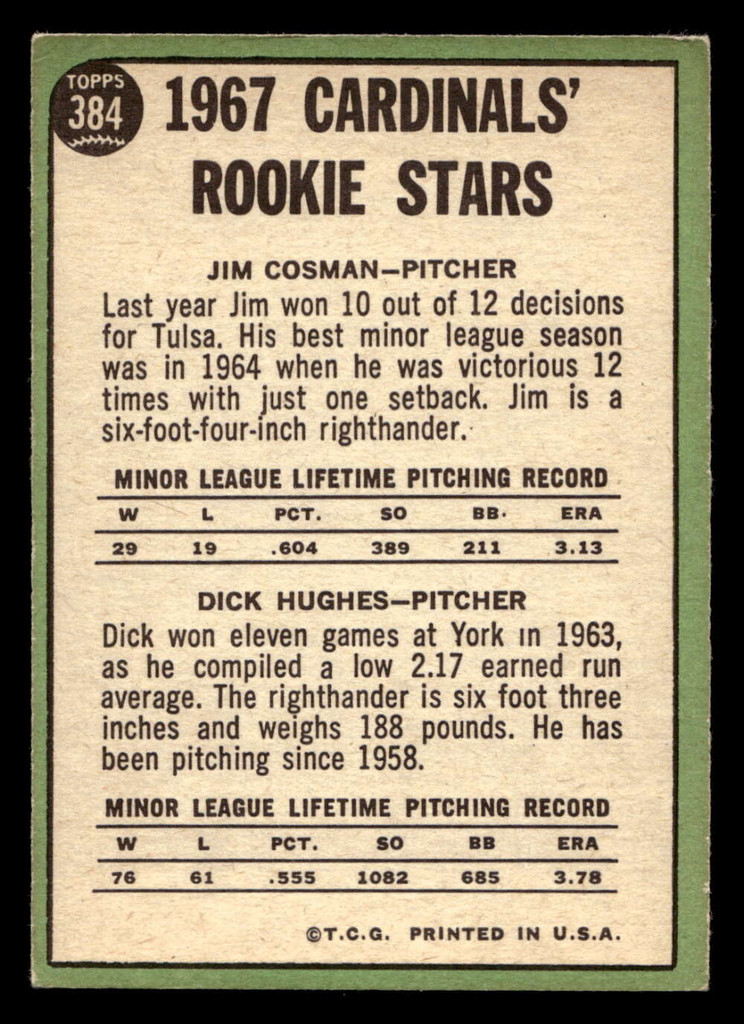 1967 Topps #384 Jim Cosman/Dick Hughes Cardinals Rookies Excellent RC Rookie  ID: 424206