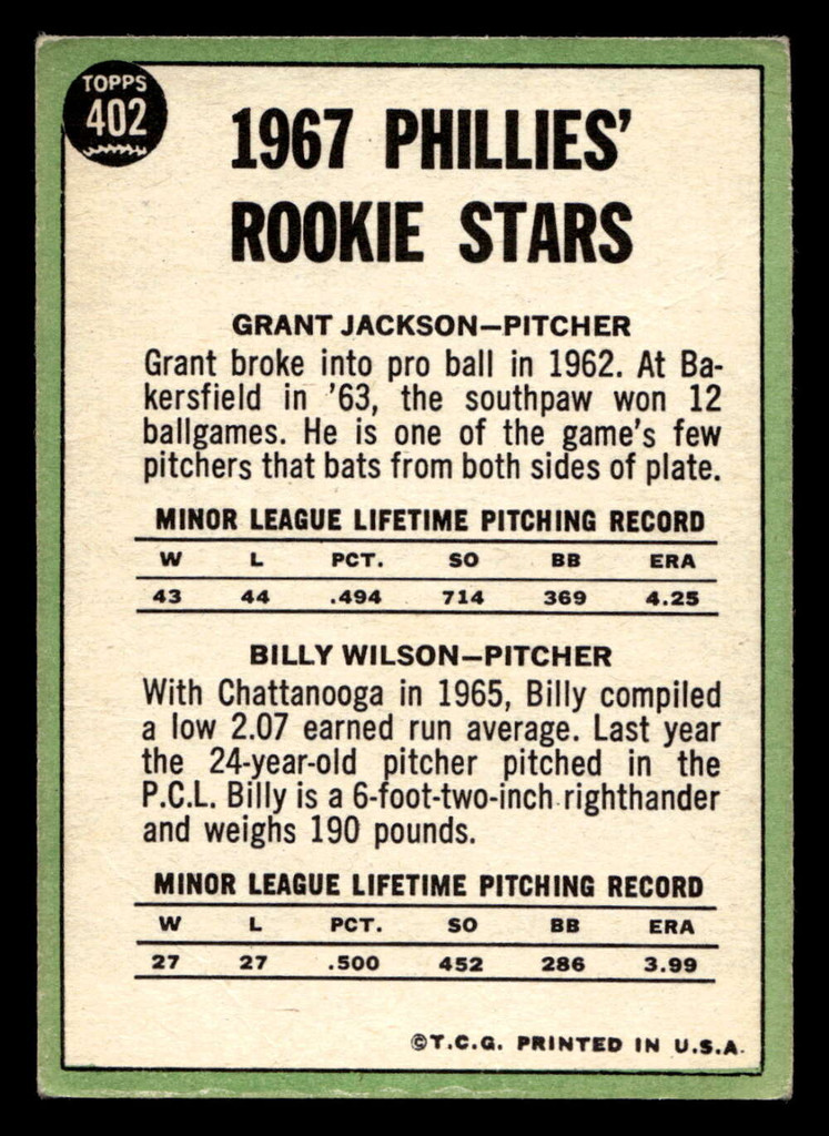 1967 Topps #402 Grant Jackson/Bill Wilson Phillies Rookies Excellent RC Rookie Correct  ID: 424216