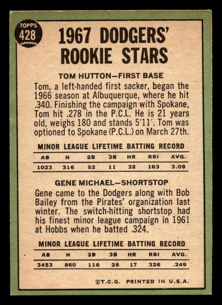 1967 Topps #428 Tom Hutton/Gene Michael Dodgers Rookies DP Excellent+ RC Rookie  ID: 424255