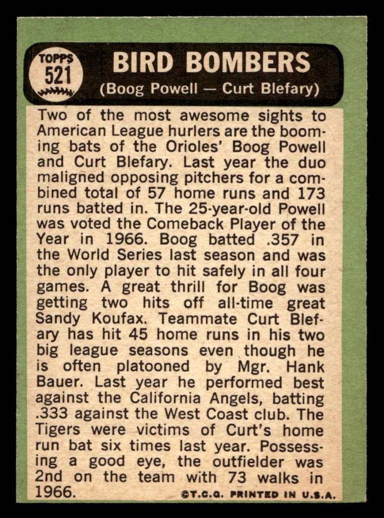 1967 Topps #521 Boog Powell/Curt Blefary Bird Bombers Excellent Miscut 