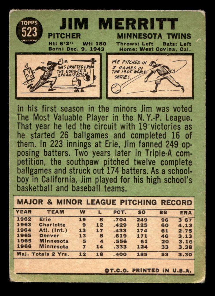 1967 Topps #523 Jim Merritt Very Good  ID: 424418