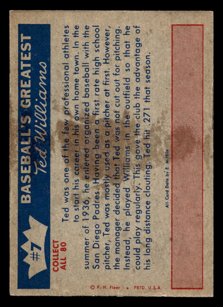 1959 Fleer Ted Williams #7 1936 - From Mound To Plate Excellent Wax Stain on Back 