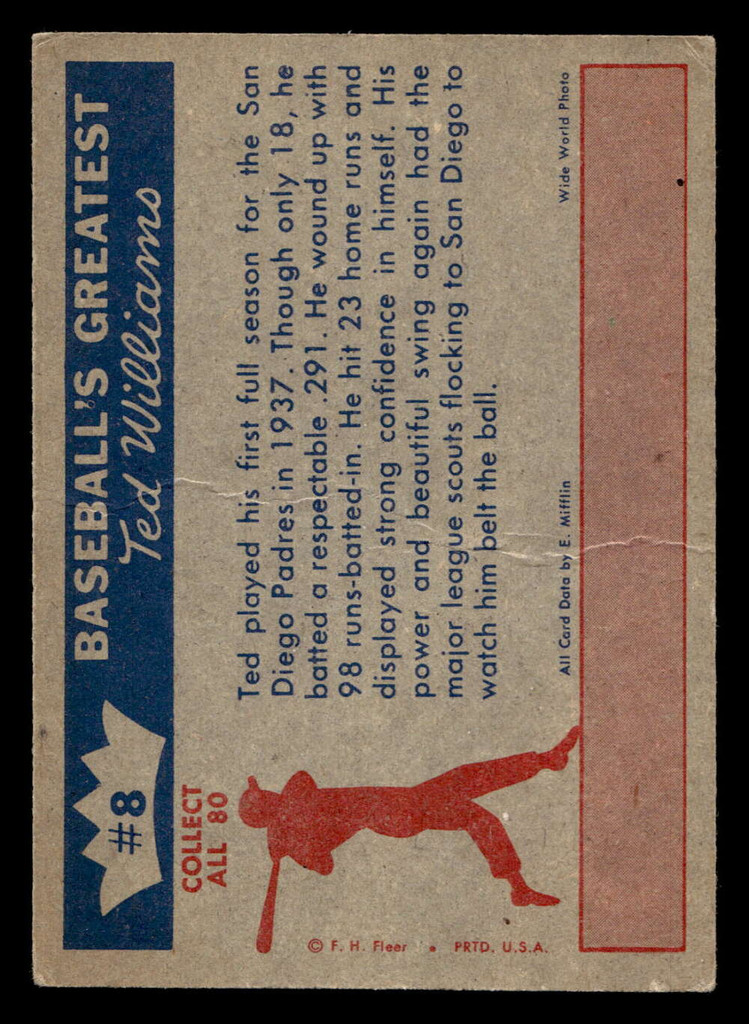 1959 Fleer Ted Williams #8 1937 - First Full Season Very Good 