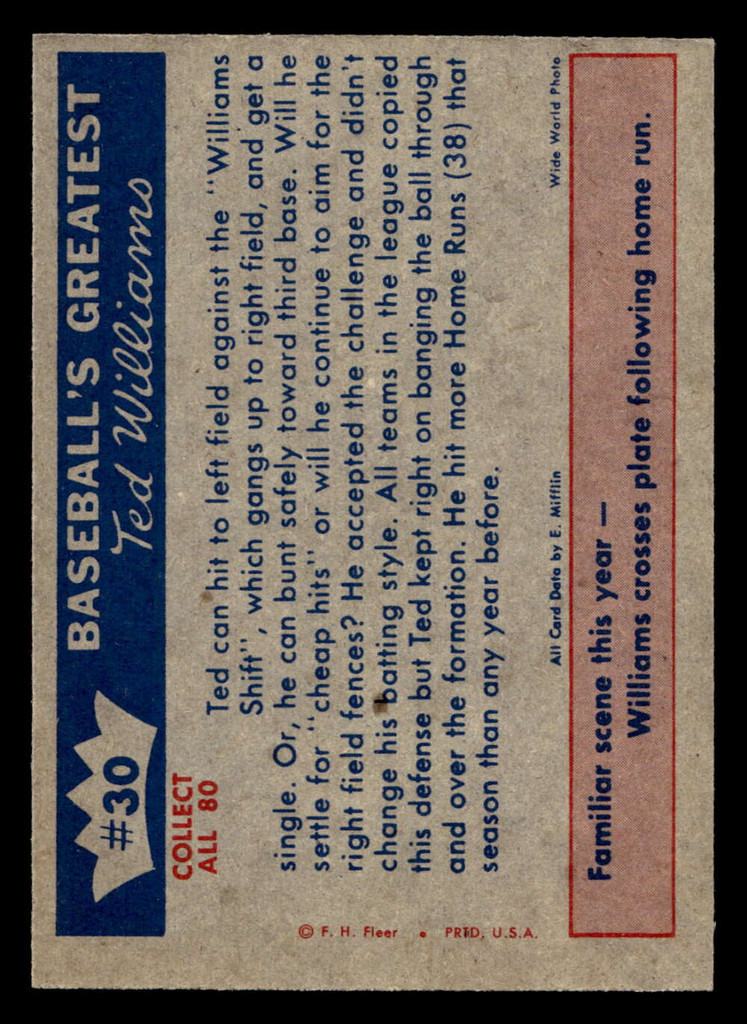 1959 Fleer Ted Williams #30 1946 - Beating The Williams Shift Near Mint+ 