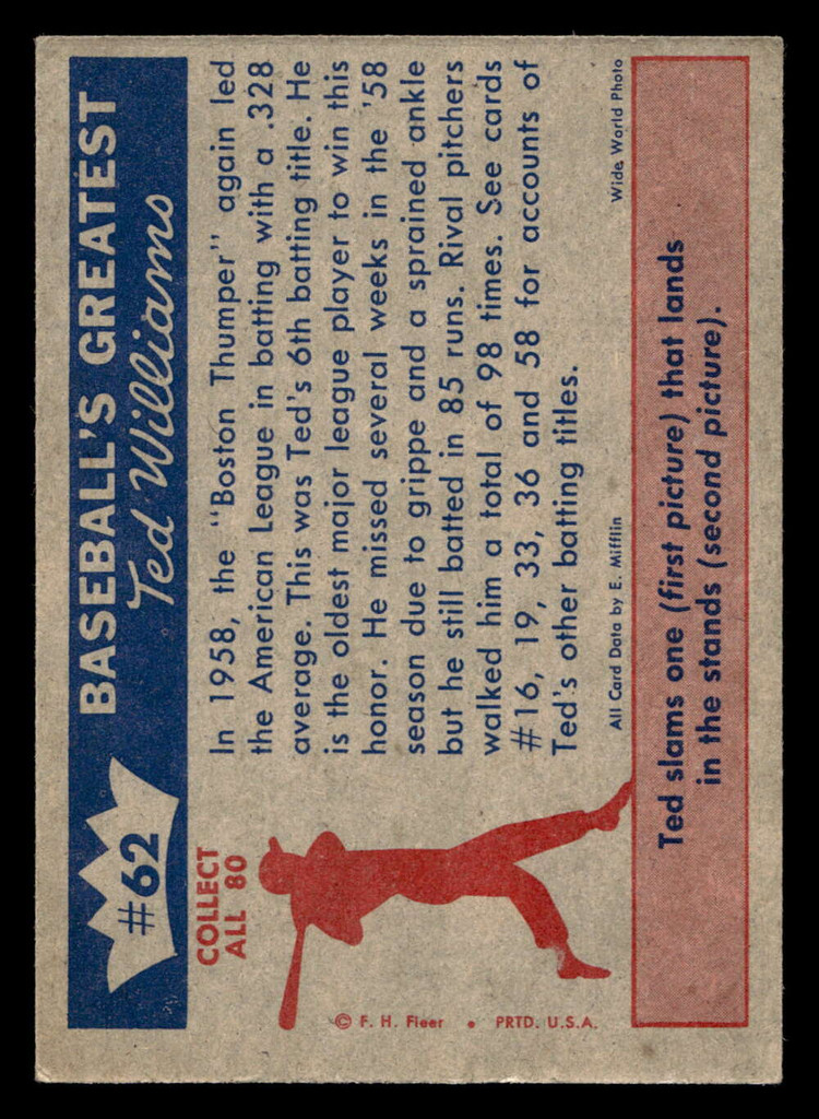 1959 Fleer Ted Williams #62 1958 - 6th Batting Title For Ted Excellent+ 