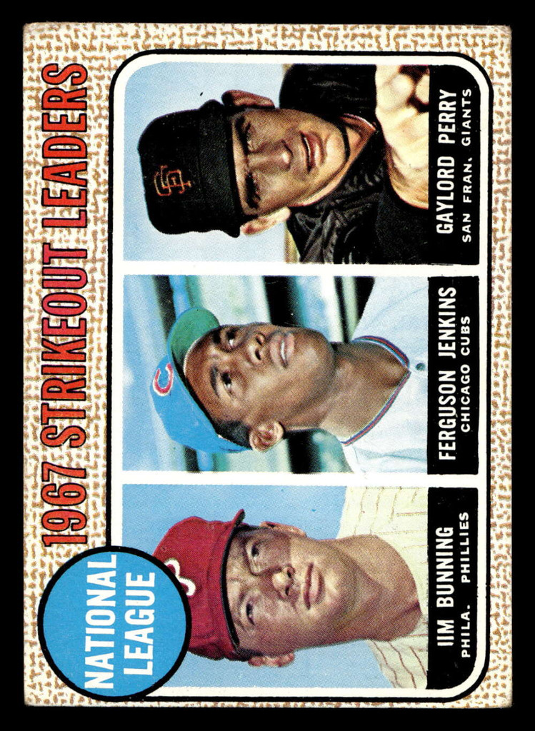 1968 Topps #11 Jim Bunning/Fergie Jenkins/Gaylord Perry N.L. Strikeout Leaders Excellent  ID: 424679