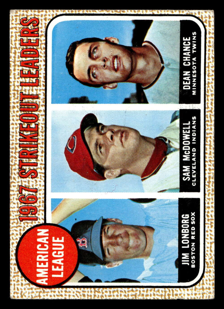 1968 Topps #12 Jim Lonborg/Sam McDowell/Dean Chance A.L. Strikeout Leaders Excellent+  ID: 424684