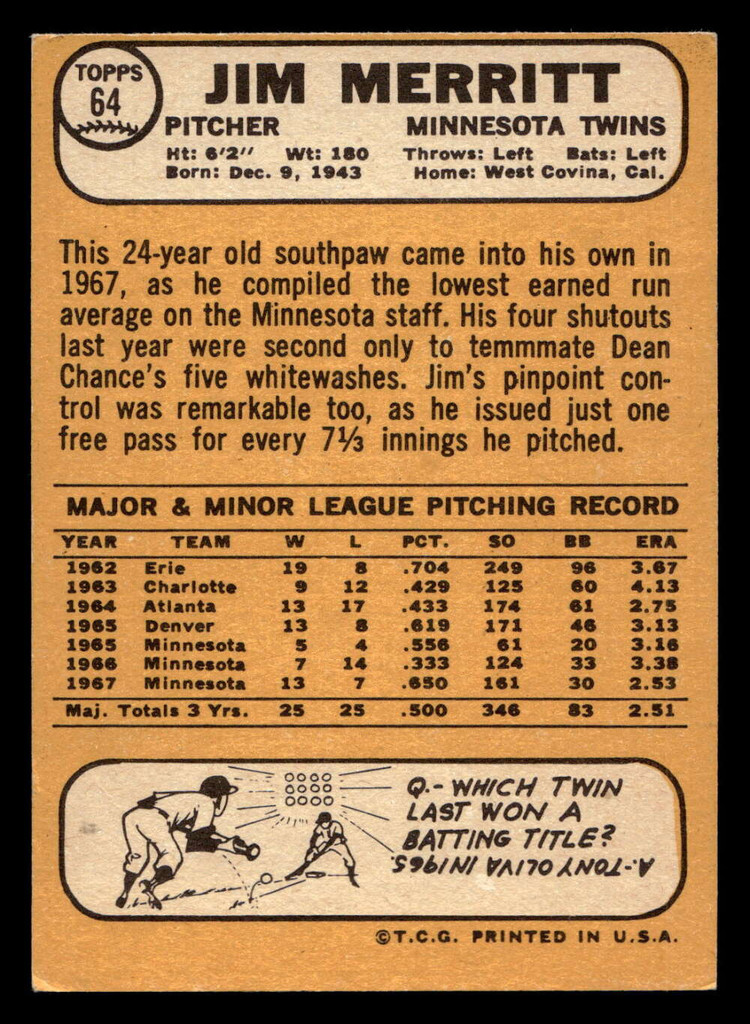 1968 Topps #64 Jim Merritt Ex-Mint  ID: 424795
