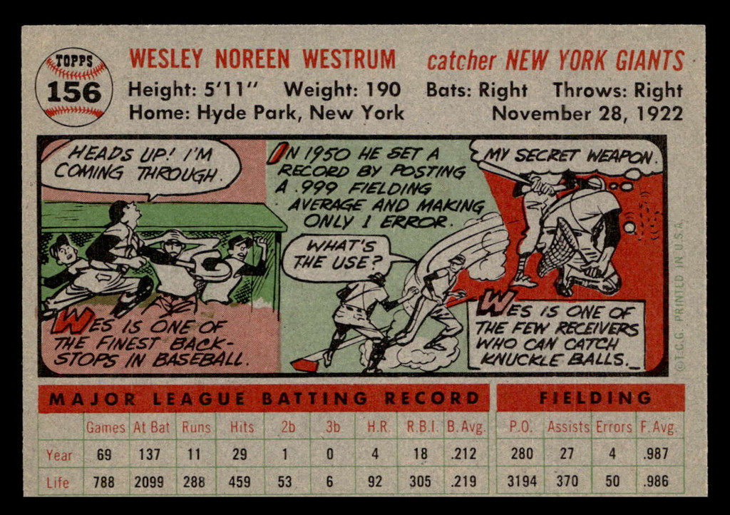 1956 Topps #156A Wes Westrum Grey Backs Ex-Mint  ID: 425915