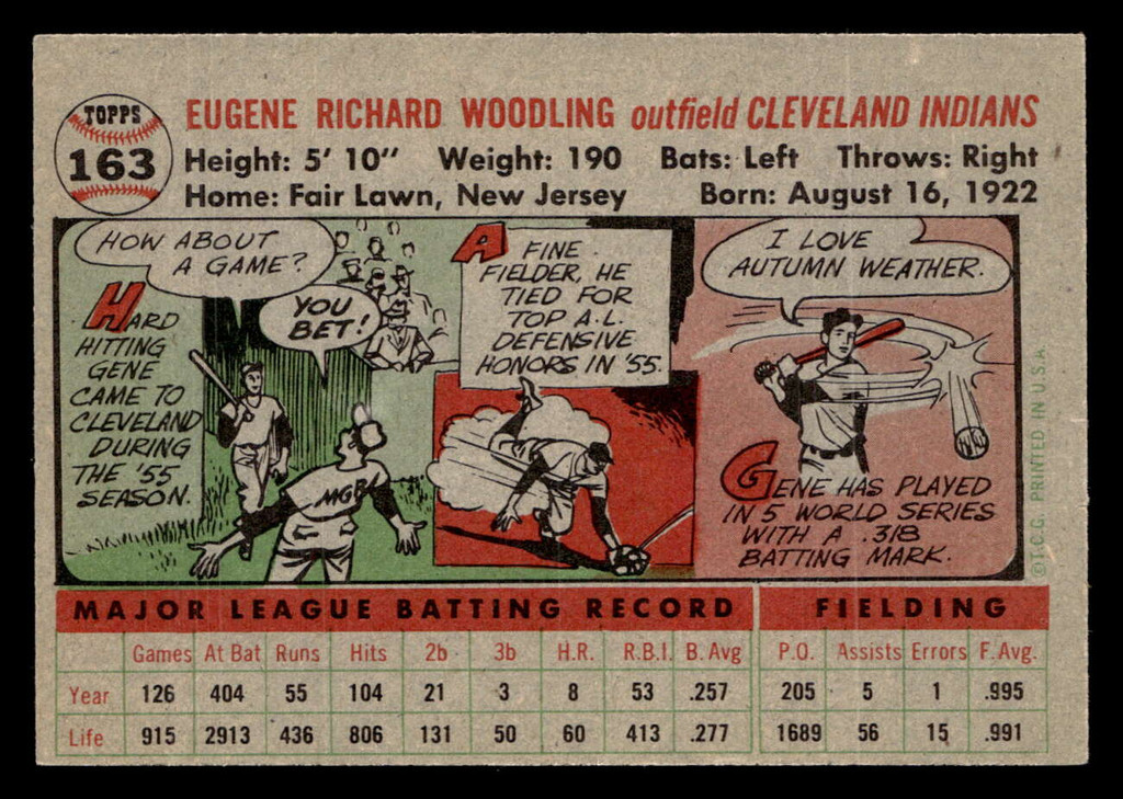 1956 Topps #163A Gene Woodling Grey Backs Ex-Mint  ID: 425930